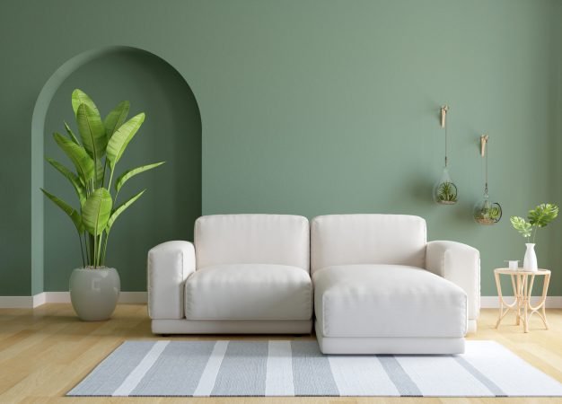 Sofa in green living room interior with copy space, 3D rendering